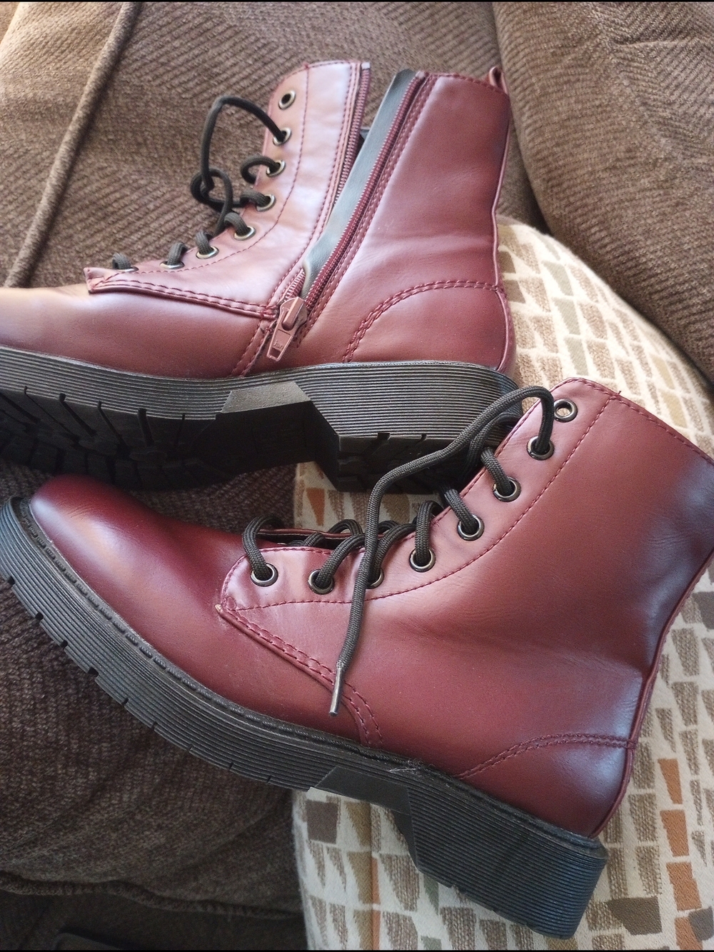 Women's Burgundy Lace-Up Combat Lug Boots with Side Zip. Size W 6.5